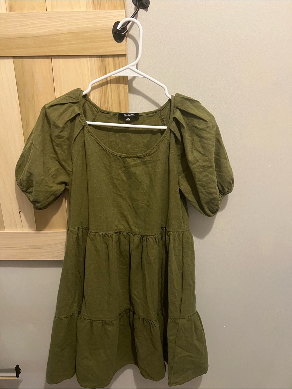 Madewell Olive Green Tiered Puff-Sleeve Dress